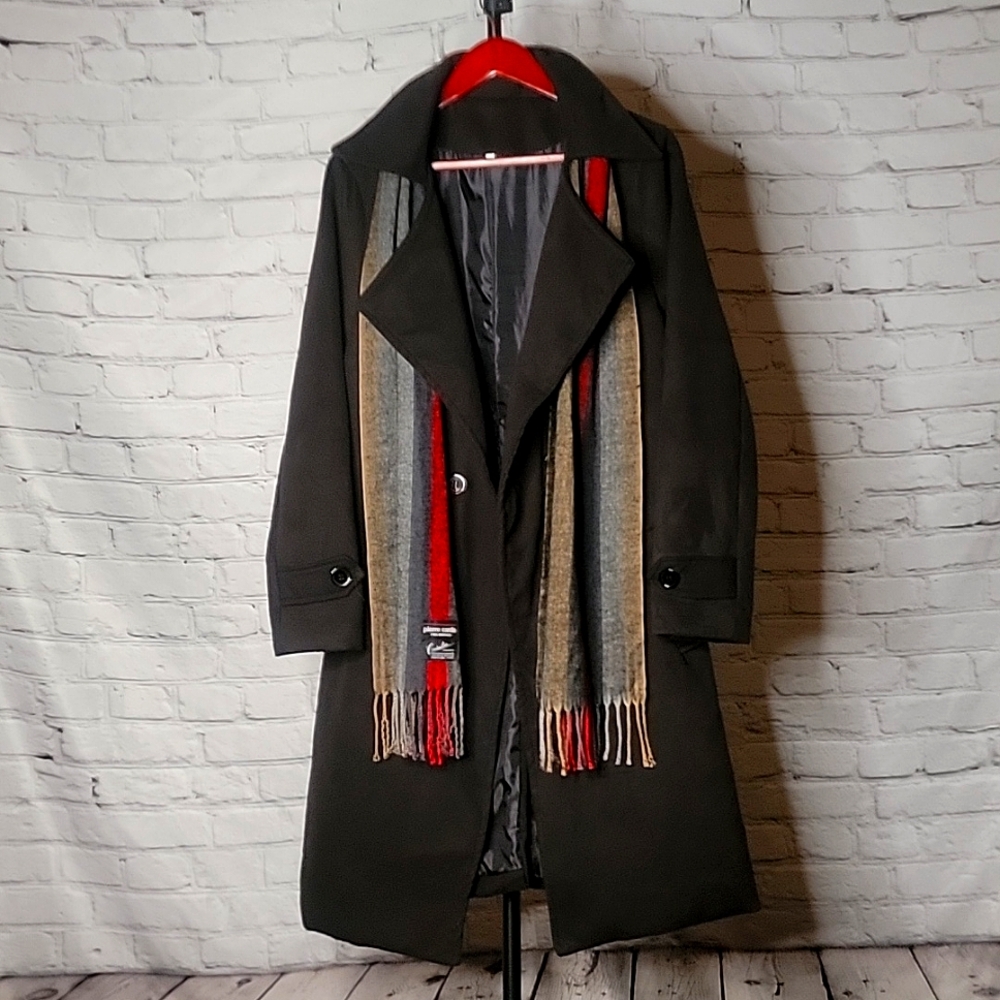 Mens custom designed Long Black Wool Coat sz Large